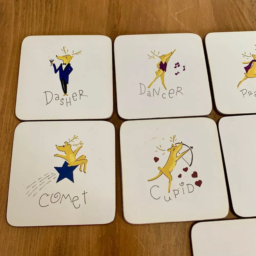 Pottery Barn Santa’s Reindeer Coasters Cork Backed Christmas Holiday Set of 9